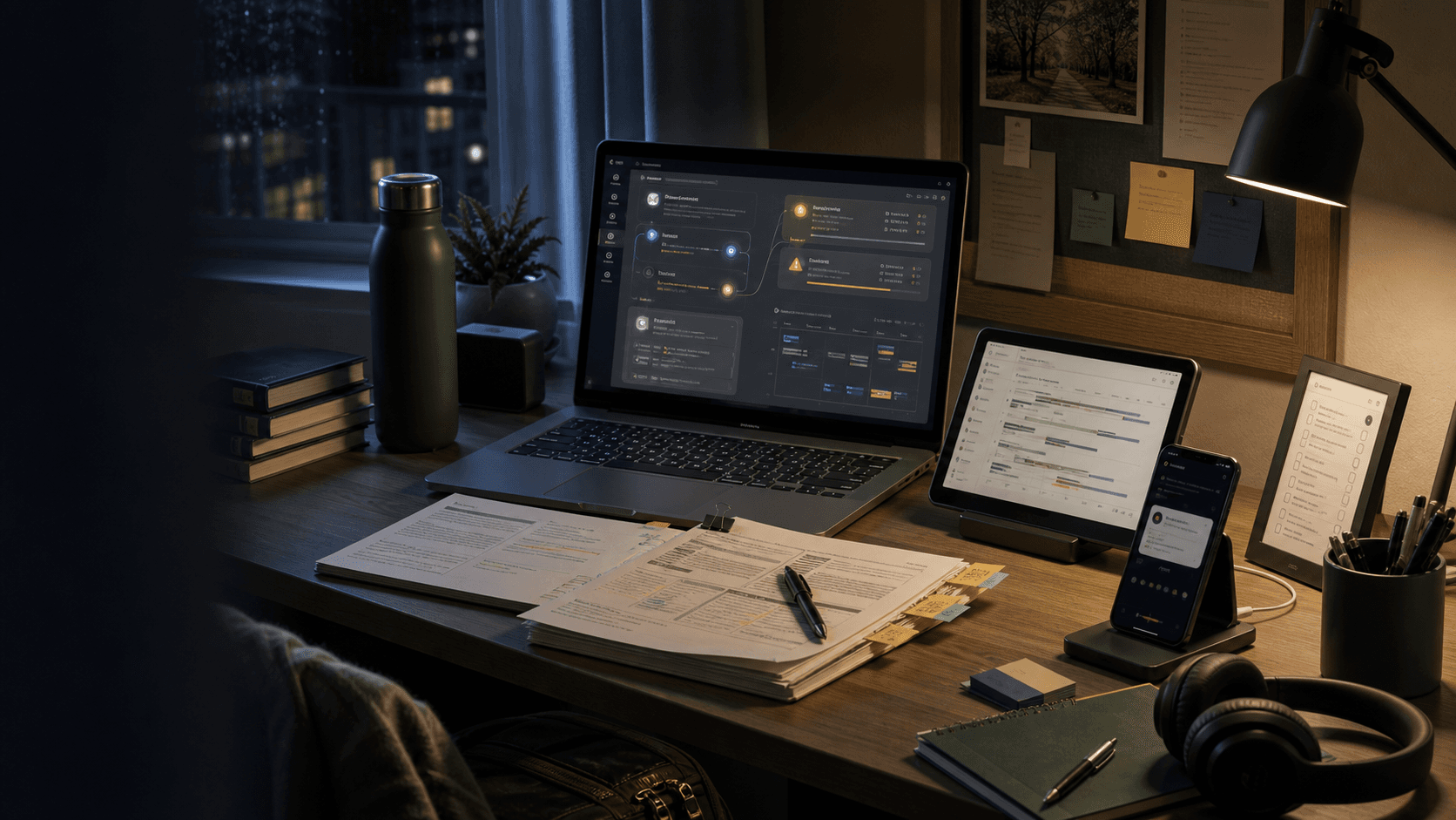 A modern student desk where AI systems coordinate course context across private devices
